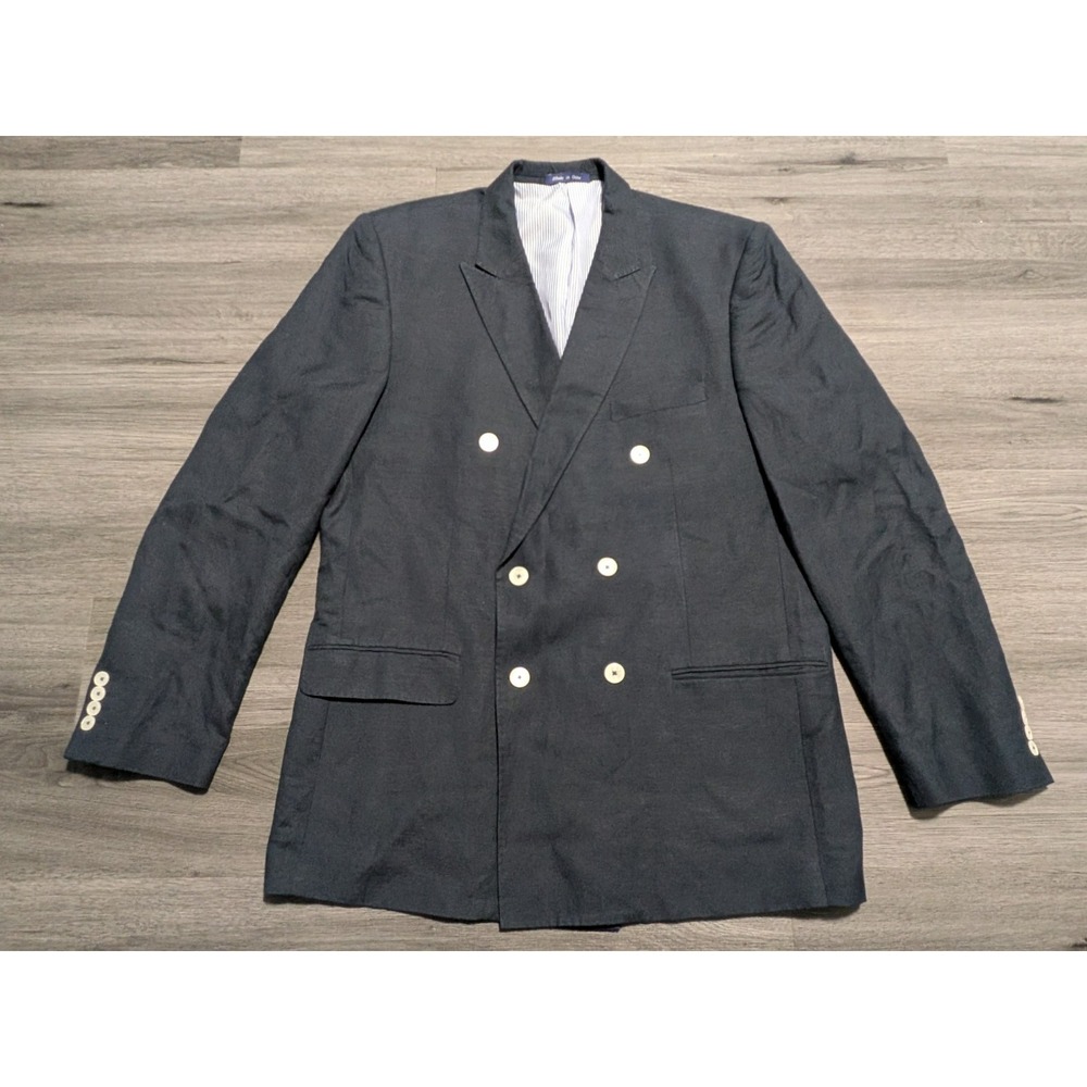 Alan Flusser Men's Navy Blue Double Breasted Linen Blend Blazer Size 48L